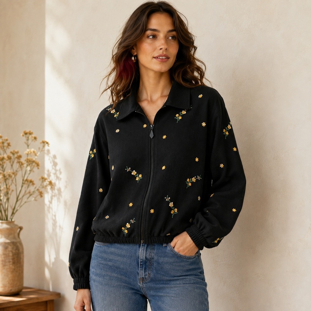 Alfred Dunner Black Bee Floral Embroidered Zip Up Jacket Women's 14 Cottagecore